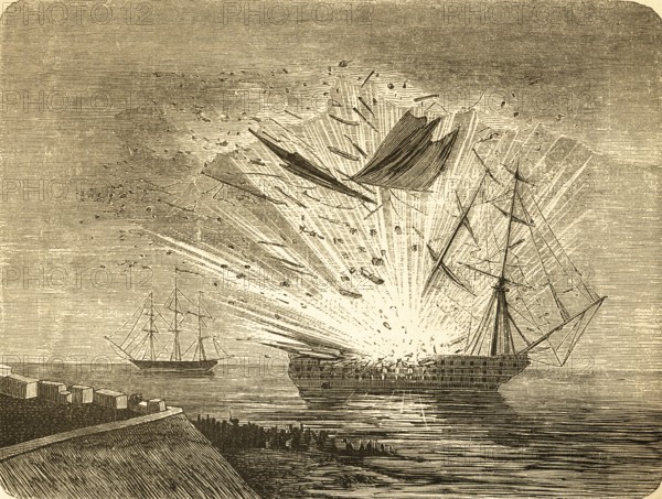 On April 5, 1849, the Danish liner Christian VIII explodes off Eckernförde in Danish-occupied Schleswig-Holstein, Danish fleet, naval blockade, German-Danish War 1848-49, Baltic Sea, cannons, hits, blessing ships, siege, debris, damage, Prussia, Germany, history, historical illustration 1882