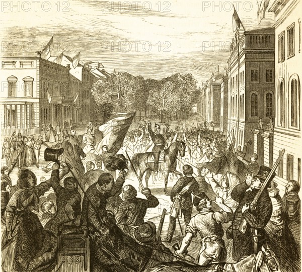 The king speaks to Berlin professors and students on Schlossplatz, March 1848, king on horseback, street, square, crowd, sword, top hat, rescue, freedom, flag in black red gold, cheers, enthusiasm, joy, approval, German unity, March unrest, Berlin, Prussia, Germany, history, historical illustration 1882