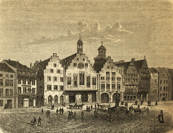 The Roman in Frankfurt am Main, central square, city center, people, fountains, gabled houses, stair gables, half-timbered houses, St. Paul's Church tower, Prussia, Germany, history, historical illustration 1882