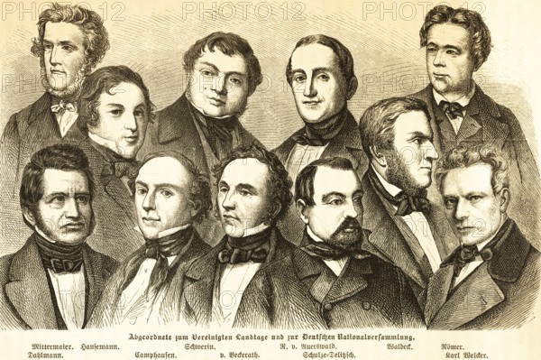 Portrait of some members of the United State Parliament and the German National Assembly, St. Paul's Church Frankfurt, Democracy, Mittermaier, Dahlmann, Hansemann, Camphausen, Schwerin, von Neckerat, von Auerswald, Schulze-Delitsch, Waldeck, Römer, Karl Welcker, Prussia, Germany, history, historical illustration 1882
