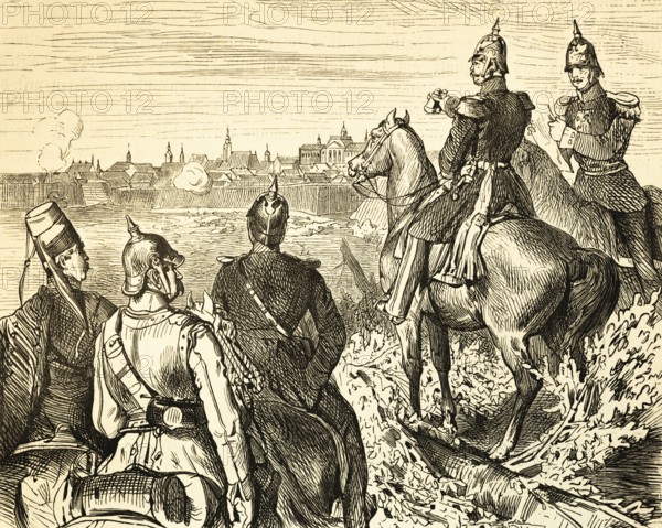 The Prince of Prussia in front of restful, German Revolution of 1848-1849, Prussian siege of Rastatt fortress 1849, cityscape, constituent state assembly, last battles, military, defeat, victory of Prussia, horsemen, officers, pickelhaube, history, Prussia, Germany, historical illustration 1882