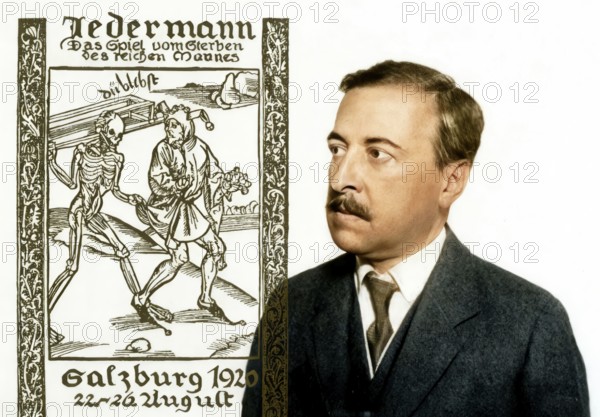 Hugo von Hofmannsthal, 1874-1929, Austrian novelist and poet, digital edited according to the title of Jedermann. Das Spiel vom Sterben des reichen Mannes, Everyman. The play of the rich man's death, Salzburg Festival 1920, with a photograph by Wilhelm Willinger