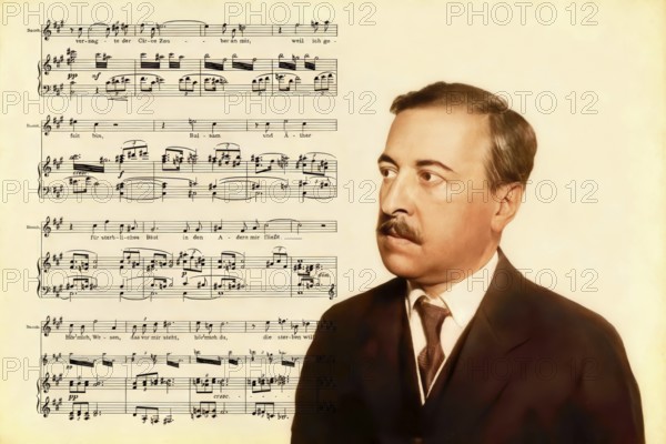 Hugo von Hofmannsthal, 1874-1929, Austrian novelist and poet, digital edited according to a photograph by Wilhelm Willinger and the composing Ariadne on Naxos by Richard Strauss
