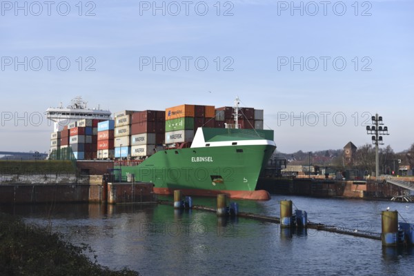 Container ship ELBINSEL leaves Kiel-Holtenau lock and sails to Kiel Fjord, Schleswig-Holstein, Germany