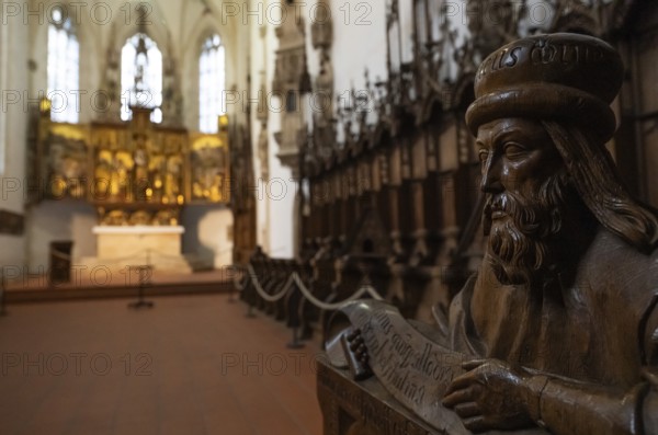 Carved half-figure, oak choir stalls for the monks, 1493 by Jörg Syrlin the Younger, also Sürlin or Serling, sculptor, completed, choir room, Blaubeuren Abbey, Swabian Jura, Baden-Württemberg, Germany