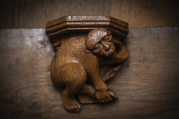 Monkey, oak choir stalls for monks' hour prayers, 1493 by Jörg Syrlin the Younger, also Sürlin or Serling, sculptor, completed, choir room, Blaubeuren Abbey, Swabian Jura, Baden-Württemberg, Germany