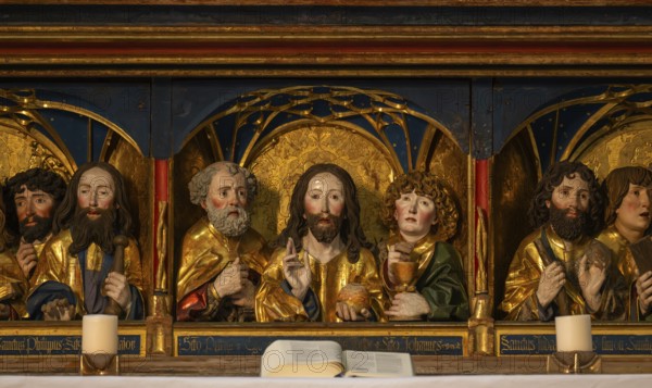 Jesus and his disciples, Last Supper, detail chancel with movable pair of double wings suitable for the festivals of the church year, choir room, Blaubeuren Abbey, Swabian Jura, Baden-Württemberg, Germany