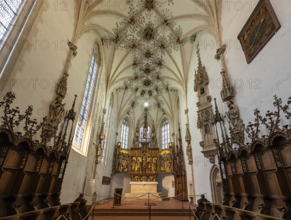 Mother of God on the crescent moon with baby Jesus, elevated on a pedestal, left and right John the Baptist and John the Evangelist, high altar, shrine and predella, chancel with movable pair of double wings suitable for the festivals of the church year, choir room, Blaubeuren Abbey, Swabian Alb, Baden-Württemberg, Germany