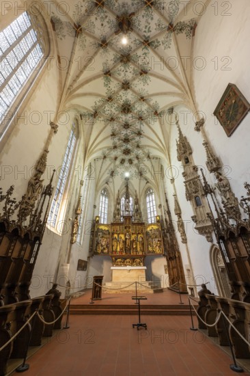 Mother of God on the crescent moon with baby Jesus, elevated on a pedestal, left and right John the Baptist and John the Evangelist, high altar, shrine and predella, chancel with movable pair of double wings suitable for the festivals of the church year, choir room, Blaubeuren Abbey, Swabian Alb, Baden-Württemberg, Germany