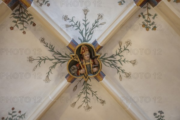 Bishop, flower frescoes, cross-ribbed vault, Blaubeuren Abbey, Swabian Jura, Baden-Württemberg, Germany