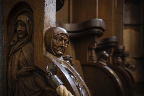 Head of an old man, oak choir stalls for the monks, 1493 by Jörg Syrlin the Younger, also Sürlin or Serling, sculptor, completed, choir room, Blaubeuren Abbey, Swabian Jura, Baden-Württemberg, Germany