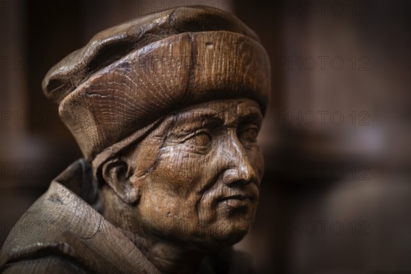 Head of a man with cap, oak choir stalls for the monks, 1493 by Jörg Syrlin the Younger, also Sürlin or Serling, sculptor, completed, choir room, Blaubeuren Abbey, Swabian Jura, Baden-Württemberg, Germany
