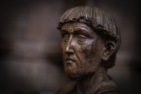 Head of men, oak choir stalls for the monks, 1493 by Jörg Syrlin the Younger, also Sürlin or Serling, sculptor, completed, choir room, Blaubeuren Abbey, Swabian Jura, Baden-Württemberg, Germany