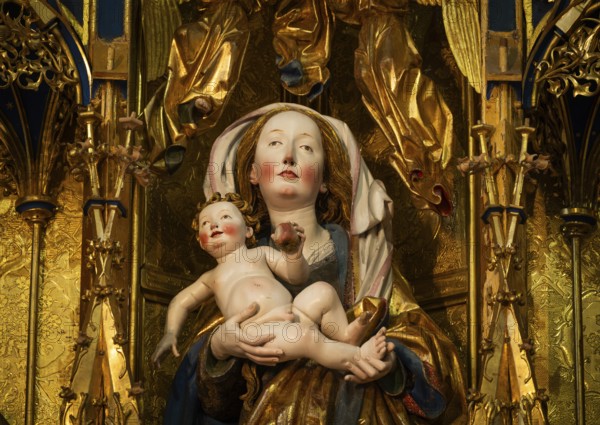Mother of God on the crescent moon with baby Jesus, high altar, shrine and predella, chancel with movable pair of double wings suitable for the festivals of the church year, Blaubeuren Abbey, Swabian Jura, Baden-Württemberg, Germany