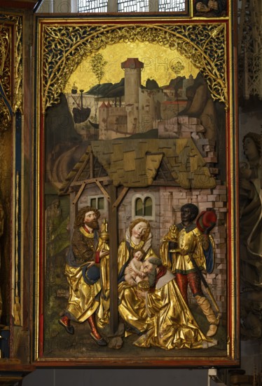 Birth of Jesus and the Adoration of the Three Wise Men from the East against a painted background in bas-reliefs, chancel with movable pair of double wings suitable for the festivals of the church year, choir room, Blaubeuren Abbey, Swabian Jura, Baden-Württemberg, Germany