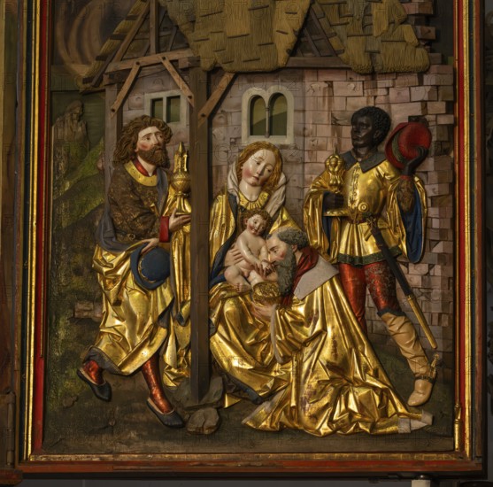 Birth of Jesus and the Adoration of the Three Wise Men from the East against a painted background in bas-reliefs, chancel with movable pair of double wings suitable for the festivals of the church year, choir room, Blaubeuren Abbey, Swabian Jura, Baden-Württemberg, Germany