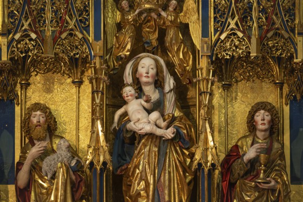 Mother of God on the crescent moon with baby Jesus, left and right John the Baptist and John the Evangelist, high altar, shrine and predella, chanter with moving pair of double wings suitable for the festivals of the church year, choir room, Blaubeuren Abbey, Swabian Alb, Baden-Württemberg, Germany