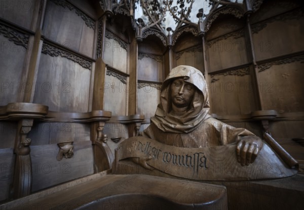 Carved half-figure of a woman, oak choir stalls for the monks, 1493 by Jörg Syrlin the Younger, also Sürlin or Serling, sculptor, completed, choir room, Blaubeuren Abbey, Swabian Jura, Baden-Württemberg, Germany