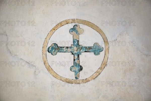 Blue Cross, fresco on whitewashed wall, Blaubeuren Abbey, Swabian Jura, Baden-Württemberg, Germany