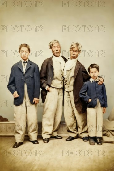 Chang and Eng Bunker, 1811–1874, known as the Siamese Twins, with two children, digitally edited according to a photograph by Germon, 1869