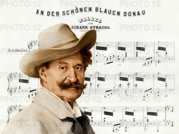 Johann Baptist Strauss II, 1825 – 1899, Austrian composer and violinist, 1879, digitally edited according to an illustration by Leopold Horovitz, notesheet from The Blue Danube