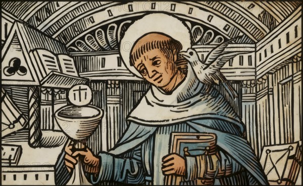 Frontispiece to his book Super libros de generatione et corruptione, Thomas Aquinas, Thomas von Aquin, Tommaso d'Aquino, c.?1225 – 1274, Italian Dominican friar and priest, philosopher, theologian, and a jurist in the tradition of scholasticism, digitally edited