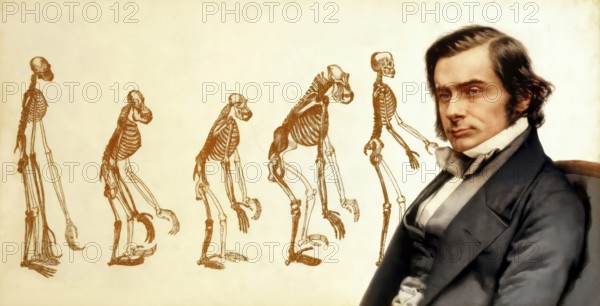 Portrait of Thomas Henry Huxley, 1825 – 1895, English biologist and anthropologist, specialized in comparative anatomy, frontispiece to his book Evidence as to Man's Place in Nature, 1863, digitally edited