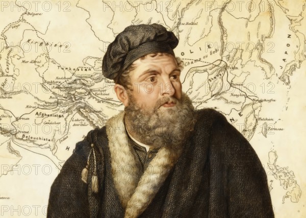 Marco Polo, c.?1254 –1324, an Italian merchant, explorer and writer, map of his travels, digital edited