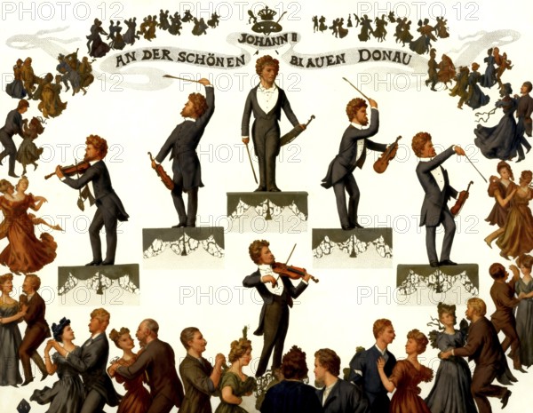 The Blue Danube, Johann Baptist Strauss II, 1825 – 1899, Austrian composer and violinist, 1879, silhouette print by Otto Böhler, digitally edited