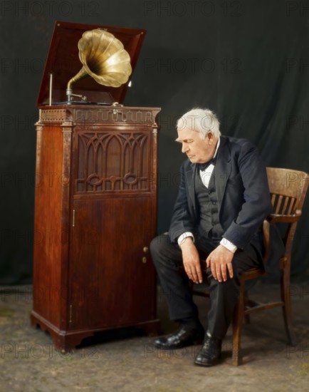 Thomas Alva Edison listening to his disc phonograph, digitally edited