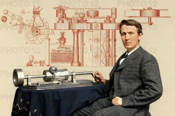 Thomas Alva Edison, 1847 - 1931, American inventor, Telegraph Apparatus, Patented 1872, digitally edited according to a photography by Mathew Brady, 1878