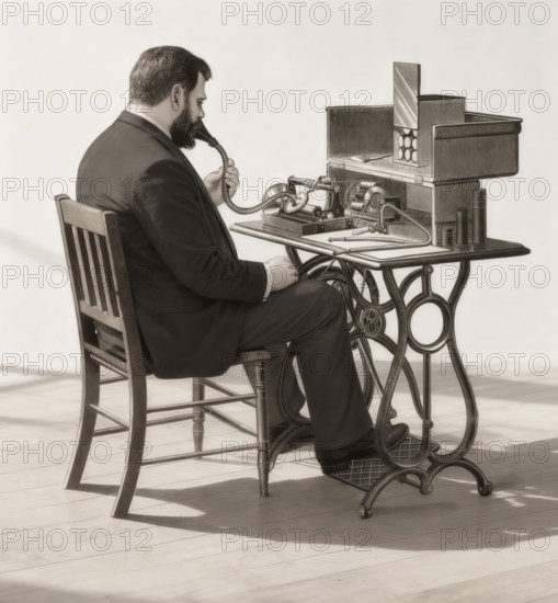 Historical illustration, 19th Century, Dictation with a Cylinder Phonograph by Thomas Alva Edison