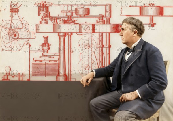 Thomas Alva Edison, 1847 - 1931, American inventor, Telegraph Apparatus, Patented 1872, digitally edited according to a photography, 1892