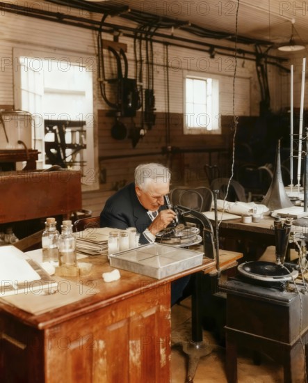 Thomas Alva Edison examining a phonograph disc under a microscope, digitally edited