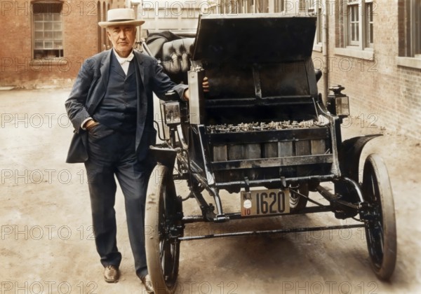 Thomas Alva Edison, 1847 - 1931, American inventor, with his electric car, 1911, digitally edited
