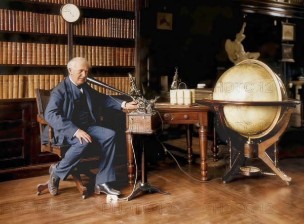 Thomas Alva Edison talking into the business phonograph or ediphone, digitally edited