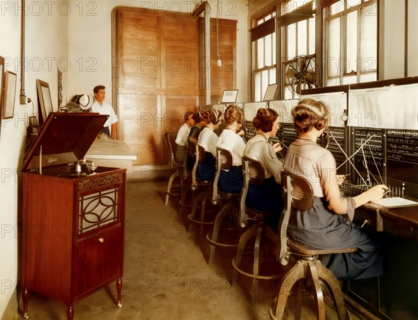 Switchboard operators listening to the Edison‘s phonograph, 1919, digitally edited