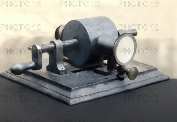 Historical illustration, 19th Century, firstr Phonograph by Thomas Alva Edison