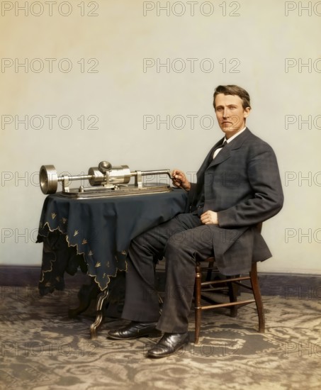 Thomas Alva Edison, 1847 - 1931, American inventor, Thomas Edison demonstrating the Tin-Foil Phonograph, digitally edited according to a photography by Mathew Brady, 1878