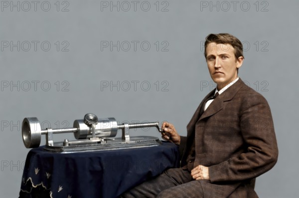 Thomas Alva Edison, 1847 - 1931, American inventor, Thomas Edison demonstrating the Tin-Foil Phonograph, digitally edited according to a photography by Mathew Brady, 1878