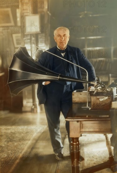 Thomas Alva Edison with his cylinder phonograph, digitally edited according to a photography by Geo. G. Bain, 1908