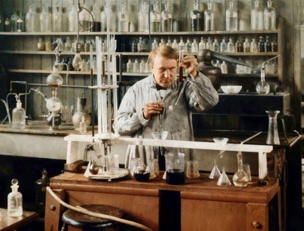 Edison‘s experimental development facility, Thomas Alva Edison, digitally edited according to a photography by W. K. Dickson, 1890