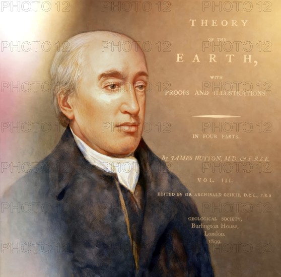 Portrait of James Hutton, 1726 – 1797, Scottish geologist, agriculturalist, chemical manufacturer, naturalist and physician, the Father of Modern Geology, title of his book Theory of the Earth, digitally edited
