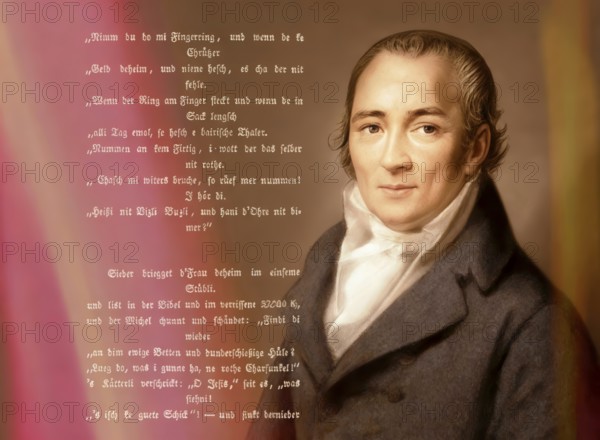 Portait with a poem, Johann Peter Hebel, 1760 - 1826, German poet, Protestant theologian and educator, Alemannic dialect poet, digitally optimized based on a painting by Philipp Jakob Becker, 1807