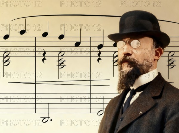 Erik Satie, 1866 – 1925, a French composer and pianist, notesheet for Gymnopédie No. 1, digitally edited, 1909