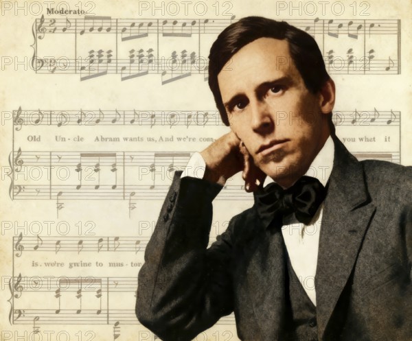 Portrait of Stephen Collins Foster with the sheet music of his minstrel song A soldier in the colored brigade, digitally edited