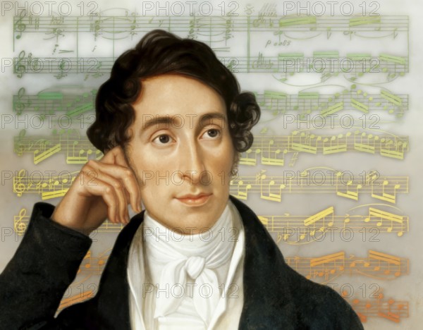 Carl Maria von Weber, 1786 - 1826, German composer, conductor and pianist, digitally edited after a painting by Caroline Bardua, notesheet from Oberon, or The Elf King's Oath
