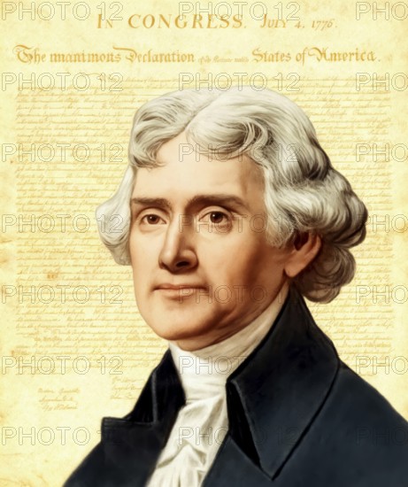 Portrait of Thomas Jefferson, 1743, 1826, third president of the United States and principal author of the Declaration of Independence, digitally optimized, in the background the Declaration of Independence of the thirteen united States of America, July 4, 1776