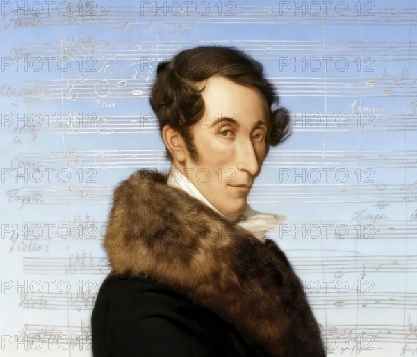 Carl Maria von Weber, 1786 - 1826, German composer, conductor and pianist, digitally edited after a painting by Ferdinand Schimon, notesheet from the Romantic opera Der Freischütz