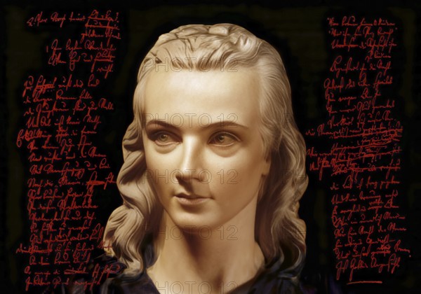 Portrait of Georg Philipp Friedrich Freiherr von Hardenberg, pseudonym and pen name Novalis, 1772 - 1801, German poet of Early German Romanticism, digitally edited after a bust at his grave, Hymns to the Night (Hymnen an die Nacht) written by Novalis